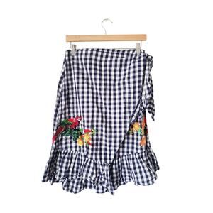 Zara Embroidered Gingham Wrap Skirt Blue/White Size Large